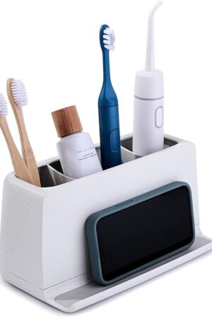 YouCopia The Ledge Toothbrush Holder, 3-Slot, Bathroom Vanity Counter Organizer with Cord Slots, Removable Base and Storage for Phones, Toothpaste and Accessories
