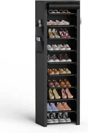 VTRIN Vertical Narrow Shoe Rack Organizer Tall Shoe Rack for Closet Entryway 10 Tier Non-Woven Cover Shoe Shelf Holds 20-22 Pairs Free Standing Shoe Storage Cabinet with Dustproof Cover, Black
