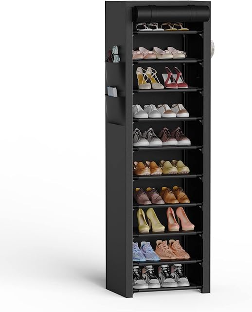 VTRIN Vertical Narrow Shoe Rack Organizer Tall Shoe Rack for Closet Entryway 10 Tier Non-Woven Cover Shoe Shelf Holds 20-22 Pairs Free Standing Shoe Storage Cabinet with Dustproof Cover, Black