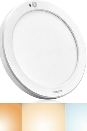 Youtob Motion Sensor Light LED Ceiling Light with 30s/180s Timeout Adjustable 3 Colors, ETL Listed, 15W 1500lm Round Lighting Fixture for Porches, Closets, Stairs(3000k/4000k/5000k Available) (White)
