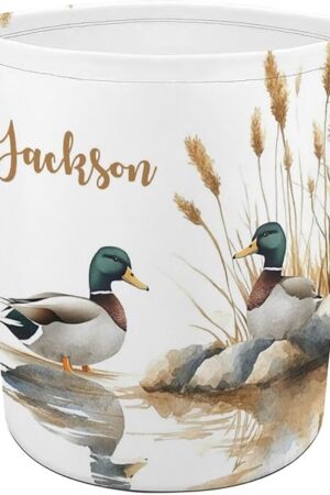Custom Name Laundry Basket for Nursery, Personalized Mallard Duck Laundry Hamper for Nursery Decor, Customize Baby Clothes Circular Hamper for Baby Boys Girls