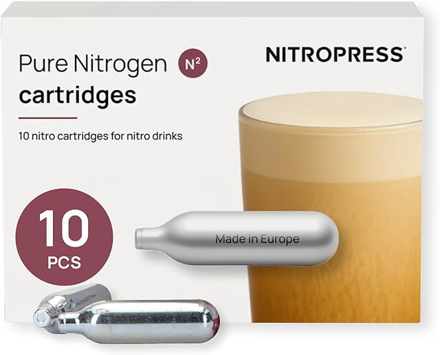 10 PCS NitroPress Nitrogen Coffee Chargers – Pure N2 Cartridges for Nitro Cold Brew Coffee Maker, Cocktails, Tea, and Beer – Use with NitroPress Instant Nitrogen Diffuser System