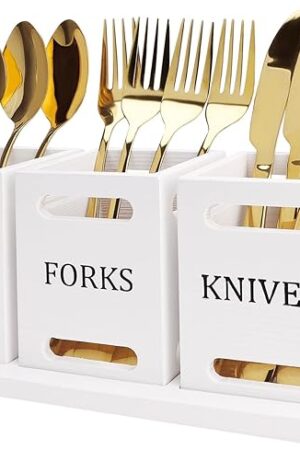Ayiaren Wooden Flatware Silverware Caddy White Cutlery Holder with Wood Tray Utensils Holder for Kitchen Counter Wood Silverware Organizer for Table Countertop Knife Fork and Spoon Holder for Party