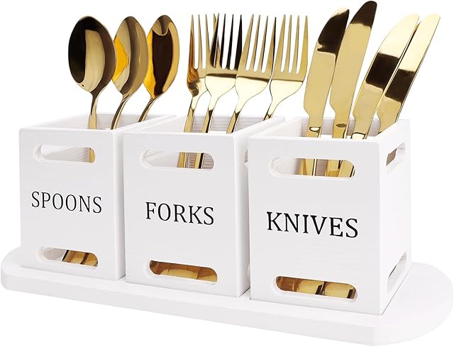 Ayiaren Wooden Flatware Silverware Caddy White Cutlery Holder with Wood Tray Utensils Holder for Kitchen Counter Wood Silverware Organizer for Table Countertop Knife Fork and Spoon Holder for Party