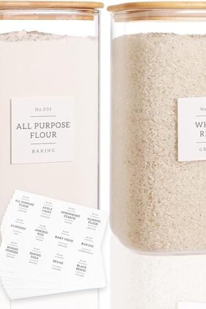 2 Pack Square Glass Flour and Sugar Containers with 132 Kitchen Pantry Labels - Thicken 149 FL OZ Large Glass Storage Jars with Airtight Bamboo Lid - Big Food Canisters for Rice, Pasta, Cookie
