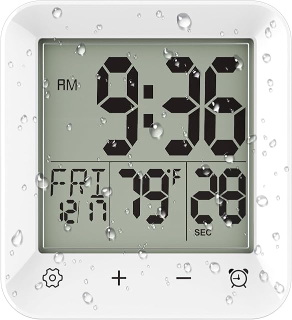 Digital Shower Clock Waterproof, Bathroom Wall Clock Timer with Touch Screen, Temperature, LCD Display, Suction Cup Hanging Hole Stand for Kids and Adults