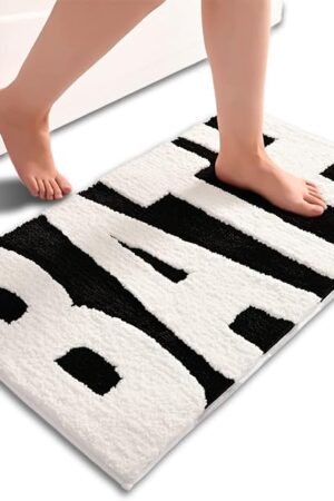 Anybar Bathroom Rug Black and White Bath Mats Non Slip Floor Mat, Thick Soft Shaggy Bath Rugs Cute Bathroom Deocr, Super Absorbent Bathmat Machine Washable Carpet for Shower 16 x 24‘’
