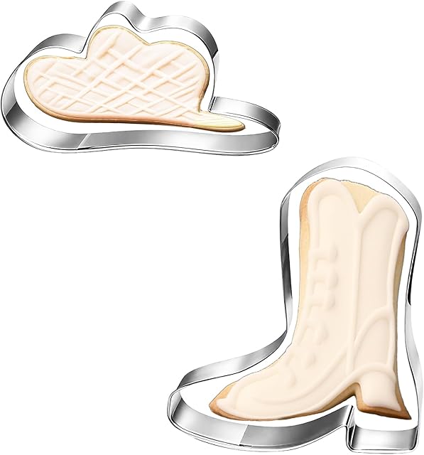 2pcs Cowboy Theme Cookie Cutter, Cowboy Boots & Cow Western Hat Cookie Cutter Dessert Baking Tool Kitchen Utensil for Making Biscuit Pastry Scone Bread Dough Fondant