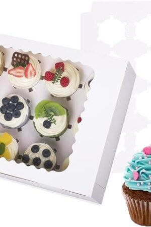 6-Set Cupcake Boxes Hold 12 Standard Cupcakes, Food Grade Cupcake Holders Bakery Carrier Boxes with Windows and Inserts for Cupcakes, Muffins and Pastries (White-6 Pack)