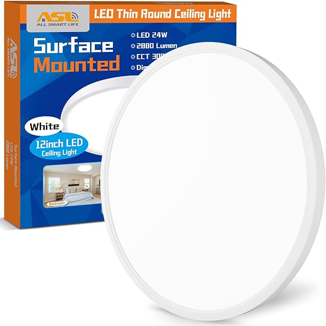 Allsmartlife LED Flush Mount Ceiling Light Fixture 12inch 24W CCT 3000K/4000K/6500K Thin Round Flat Panel Light