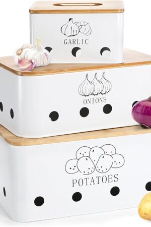 3 Pack Potato Onion Garlic Storage Set, Iron Vegetable Storage Bins with Holes Bamboo Lids, Stackable Kitchen Organization Container Storage Tin for Countertop Pantry