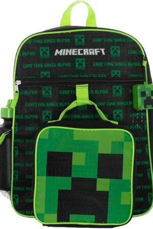 BIOWORLD Boys' Minecraft Creeper Youth 5 Piece Backpack Set, Green, One Size