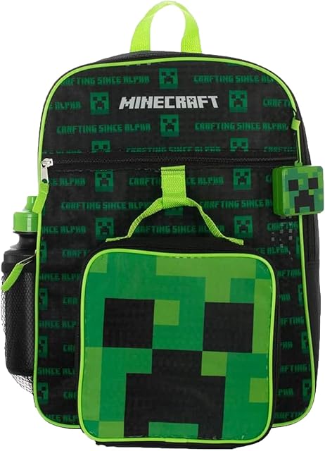 BIOWORLD Boys' Minecraft Creeper Youth 5 Piece Backpack Set, Green, One Size