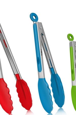 Walfos Silicone Tongs for Cooking - Heat Resistant kitchen tongs for Salad,Cooking, Grilling,Stainless Steel and BPA Free Silicone Tips set of 3 (7" 9" and 12 inch)