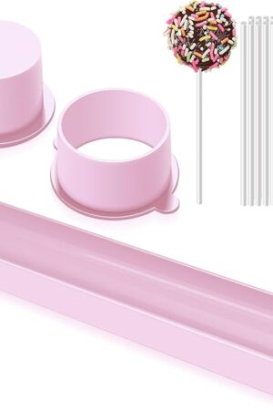 DAOVFOR Round Cake Pop Mold Set with 9 Inch Tray and Sticks, ABS Cake Pop Maker, Circle Cake Pop Cutter and Pusher, Baking Molds Kit for Parties, Wedding,Home Desserts Making - Pink