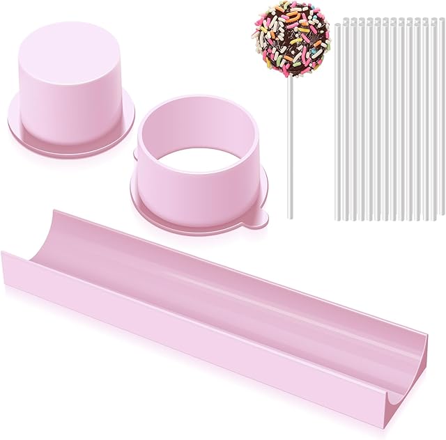 DAOVFOR Round Cake Pop Mold Set with 9 Inch Tray and Sticks, ABS Cake Pop Maker, Circle Cake Pop Cutter and Pusher, Baking Molds Kit for Parties, Wedding,Home Desserts Making - Pink