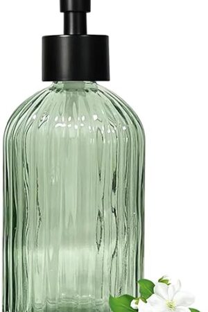14 Oz Black Pump Glass Soap Dispenser, Green Stripe Countertop Refillable Liquid Bottle Hand Dish Lotion Dispenser with Plastic Pump, for Kitchen, Bathroom