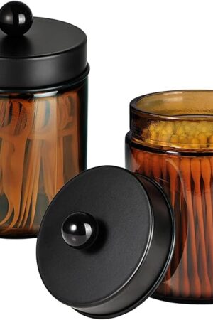 Amolliar Amber Glass Qtip Holder, Apothecary Jars with Matte Black Metal Lid & Stickers-Bathroom Qtip Dispenser Storage Organizer Set,Vanity Counter Canister for Cotton Swabs,Round Pads,Floss (2 Pack)