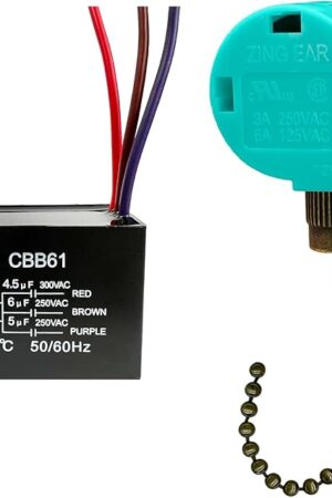 YukiHalu Ceiling Fan Pull Chain Switch 3 Speed 4 Wire, Ceiling Fan Capacitor CBB61 4.5uf + 6uf + 5uf 5 Wire 250V, Light Switch for Fan and Light (Antique)