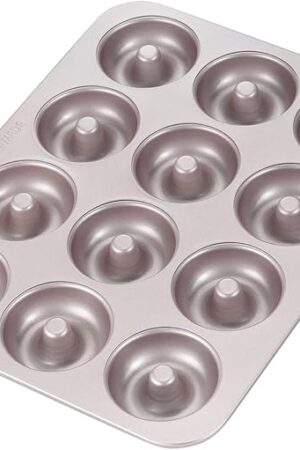 CHEFMADE Donut Mold Cake Pan, 12-Cavity Non-Stick Ring Doughnut Bakeware for Oven Baking (Champagne Gold)