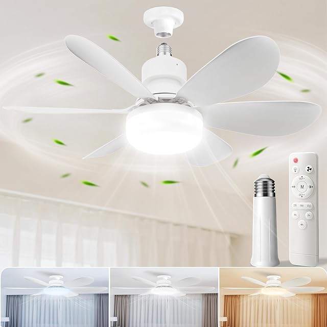 Socket Fan Light with Remote,Small Ceiling Fans with Lights,Smart Timing Dimmable 3 Colors,E26 Base Socket Ceiling Fan for Bedroom Living Garage Kitchen(White)