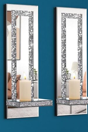 Crystal Crush Diamond Mirrored Candle Sconces, Silver Wall Candle Holder Set of 2, Wall Decorations for Living Room，Dining Room (Rectangle Stripe (Style 4))