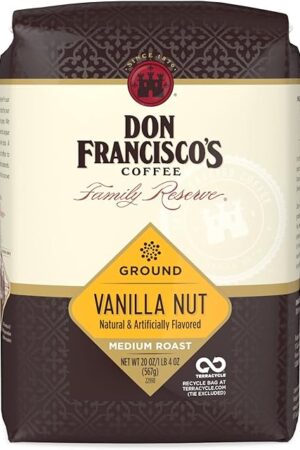 Don Francisco's Premium Vanilla Nut Medium Roast Ground Coffee - 100% Arabica Beans, Perfect for Drip, Pour Over, and French Press - Carefully Sourced, Family-Crafted Since 1870 (20 oz Bag)