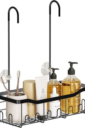BYT Shower Caddy Hanging, Organizer Hanging for Bathroom, Shower Basket with Hooks, Shower Storage, Shelf, Rack No Drilling for Faucet or Cross Bar (Black)