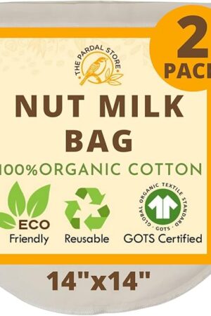 XXL 14"x14" Nut Milk Bag - 100% Organic Unbleached Cotton Easy To Clean Nut Milk Strainer/Cheesecloth Bags, Reusable for Straining Oat Milk, Almond Milk, Cheese making, Celery Juice