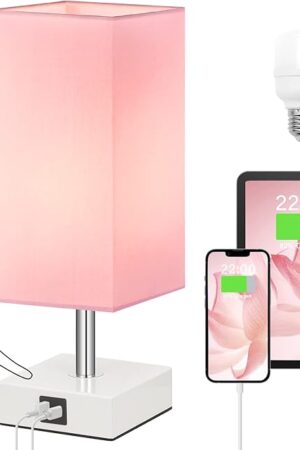 Ambimall Touch Control Table Lamp with 2 USB Charging Ports, 3 Way Touch Lamps Beside Desk, Nightstand Lamp for Bedrooms Living Room, Pink Shade with White Base, LED Bulb Included(Pink)