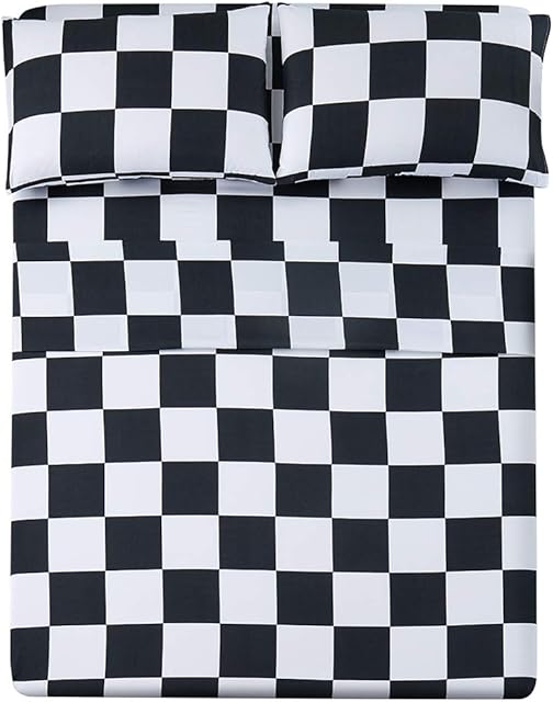 Bed Sheet Set 3 Pieces -Twin Size-Soft Durable Microfiber Bedding Sheet Set,Deep Pocket,Stain,Fade & Wrinkle Resistant (Plaid Black&White)