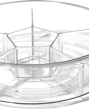 BINO Plastic Round Turntable Organizer with 6 Compartments - Clear | Spinning Divided Turntable Container | Rotating Organizer Storage for Bottle Condiments Fridge Kitchen Counter Pantry Bathroom
