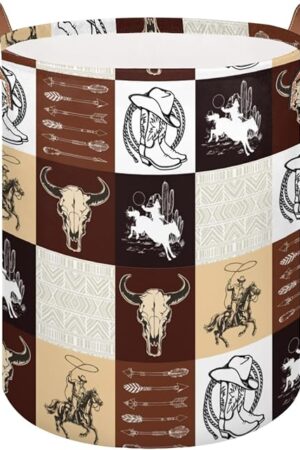 Western Vintage Cowboy Kids Laundry Basket, Cow Skull Nursery Laundry Hamper Foldable Storage Bin Toy Basket Dirty Clothes Storage Basket with Handles Organizer for Bedroom Bathroom
