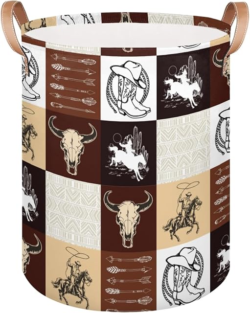 Western Vintage Cowboy Kids Laundry Basket, Cow Skull Nursery Laundry Hamper Foldable Storage Bin Toy Basket Dirty Clothes Storage Basket with Handles Organizer for Bedroom Bathroom