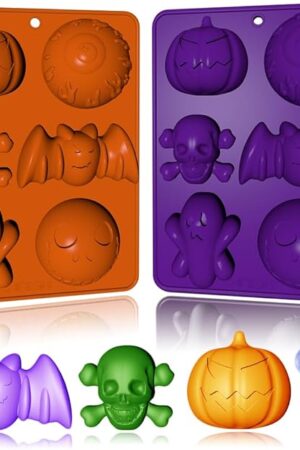 2 Pack Halloween Silicone Cake Molds Skull Pumpkin Ghost Bat Silicone Mold for Aromatherapy Candles Chocolate Candy Gummy Crayon Soap Cake Cupcake Topper Decorations for Halloween Party Props