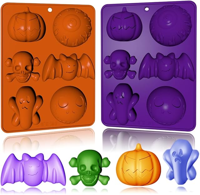 2 Pack Halloween Silicone Cake Molds Skull Pumpkin Ghost Bat Silicone Mold for Aromatherapy Candles Chocolate Candy Gummy Crayon Soap Cake Cupcake Topper Decorations for Halloween Party Props
