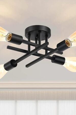 Ceiling Light, Dining Room Light Fixture with E26 Base, Semi Flush Mount Ceiling Light Fixture, Kitchen Lighting Fixtures Ceiling, 4-Light Matte Black Chandelier for Bedroom