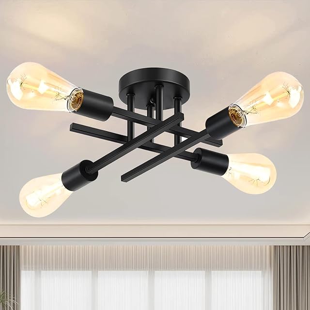 Ceiling Light, Dining Room Light Fixture with E26 Base, Semi Flush Mount Ceiling Light Fixture, Kitchen Lighting Fixtures Ceiling, 4-Light Matte Black Chandelier for Bedroom