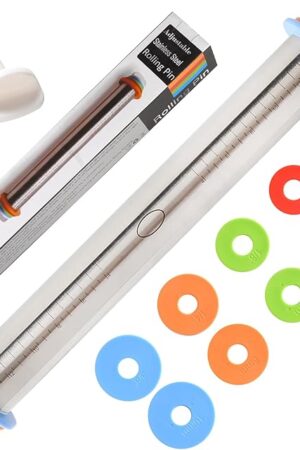 Adjustable Rolling Pin With 4 Thickness Rings, Stainless Steel Dough Roller Pizza Roller Handle Press Design With Measurement Guide For Baking, Fondant, Pizza, Pie Crust, Cookie