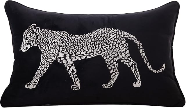 vctops Soft Velvet Embroidery Lumbar Decorative Throw Pillow Covers Leopard Pattern Cushion Case for Sofa Bedroom Couch (Black,12"x20")