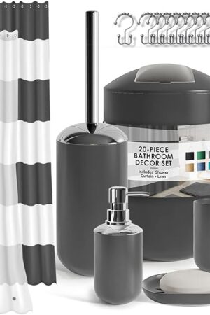 Clara Clark Bathroom Set - Gray Bathroom Accessories Set, 20PC Bathroom Accessory Set, Shower Curtain Set with Liner, Toothbrush Holder, Soap Dispenser, Soap Dish, Toilet Brush Holder, and Trash Can