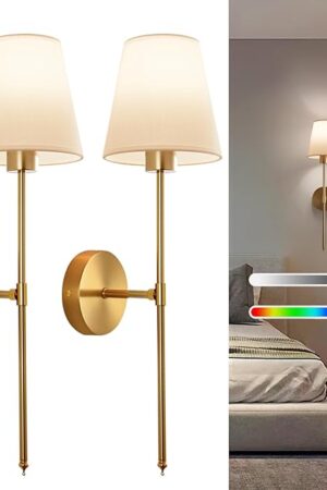 Battery Operated Wall Sconce Set of 2, Gold Rechargeable Wireless Wall Lights with Remote - Dimmable RGB LED Bulbs, 13 Color Options, Cordless Wall Lamps for Bedroom, Living Room, Hallway Decor