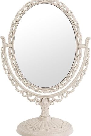 XPXKJ Vintage Vanity Mirror Shabby Chic Decor | 360° Rotating Double-Sided Table Makeup Mirror with Stand Bedroom Decoration Perfect for Tabletop, Desk, or Makeup Station
