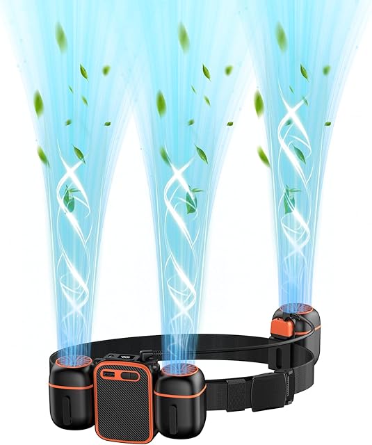 2025 New Portable Waist Fan, 3 Fan Design,10000mAh Rechargeable Belt Fan,Large Air Volume For Farm/Outdoor, Waist Blower Runtime 24H (223BBlack Orange))