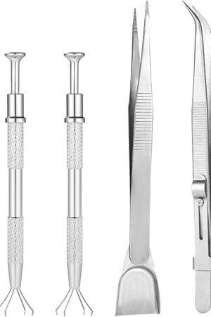 4pcs Sprinkles Tool for Cake Decorating, Jewelry Septum Earring Piercing Ball Bead Holder Screw on Grabber Tool Includes Claw Pen Pearl Grabber & Tweezers with Shovel Head Spoon for Cookie Cupcake
