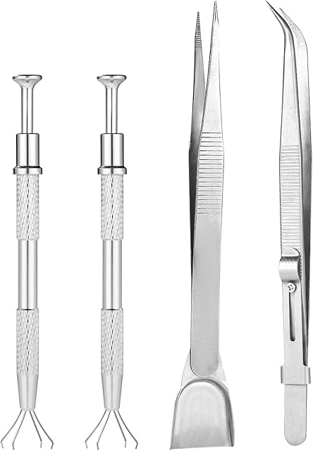 4pcs Sprinkles Tool for Cake Decorating, Jewelry Septum Earring Piercing Ball Bead Holder Screw on Grabber Tool Includes Claw Pen Pearl Grabber & Tweezers with Shovel Head Spoon for Cookie Cupcake