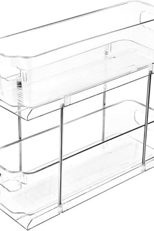 Bathroom Cabinet Organizers and Storage Under Sink, 2 Tier Pull Out Medicine Cabinet Organizers for Vanity Counter Pantry Storage, Multi-Purpose Transparent Undersink Organizer with Handle