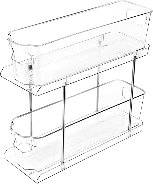Bathroom Cabinet Organizers and Storage Under Sink, 2 Tier Pull Out Medicine Cabinet Organizers for Vanity Counter Pantry Storage, Multi-Purpose Transparent Undersink Organizer with Handle