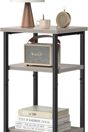 DUMOS End Table, 3 Tier Side Sofa Tables for Small Space, Storage Shelf, Nightstand with Adjustable Feet for Living Room, Bedroom, Office, Set of 1, Oak Grey