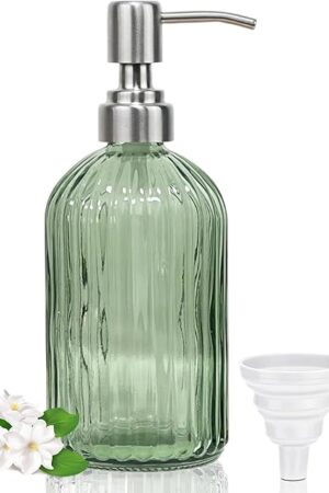 14Oz Green Soap Dispenser Bathroom, Clear Glass Hand Soap Dispensers with Stainless Steel Pump, Refillable Dish Soap Dispenser with Funnel for Kitchen, Countertop Soap Dispensers